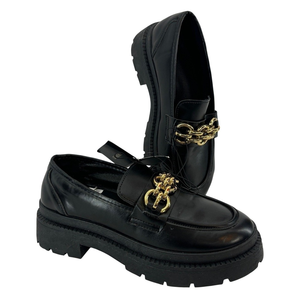 Forever 21 Black Chunky Loafers Women size 9 Platform Gold Chain Academia Preppy